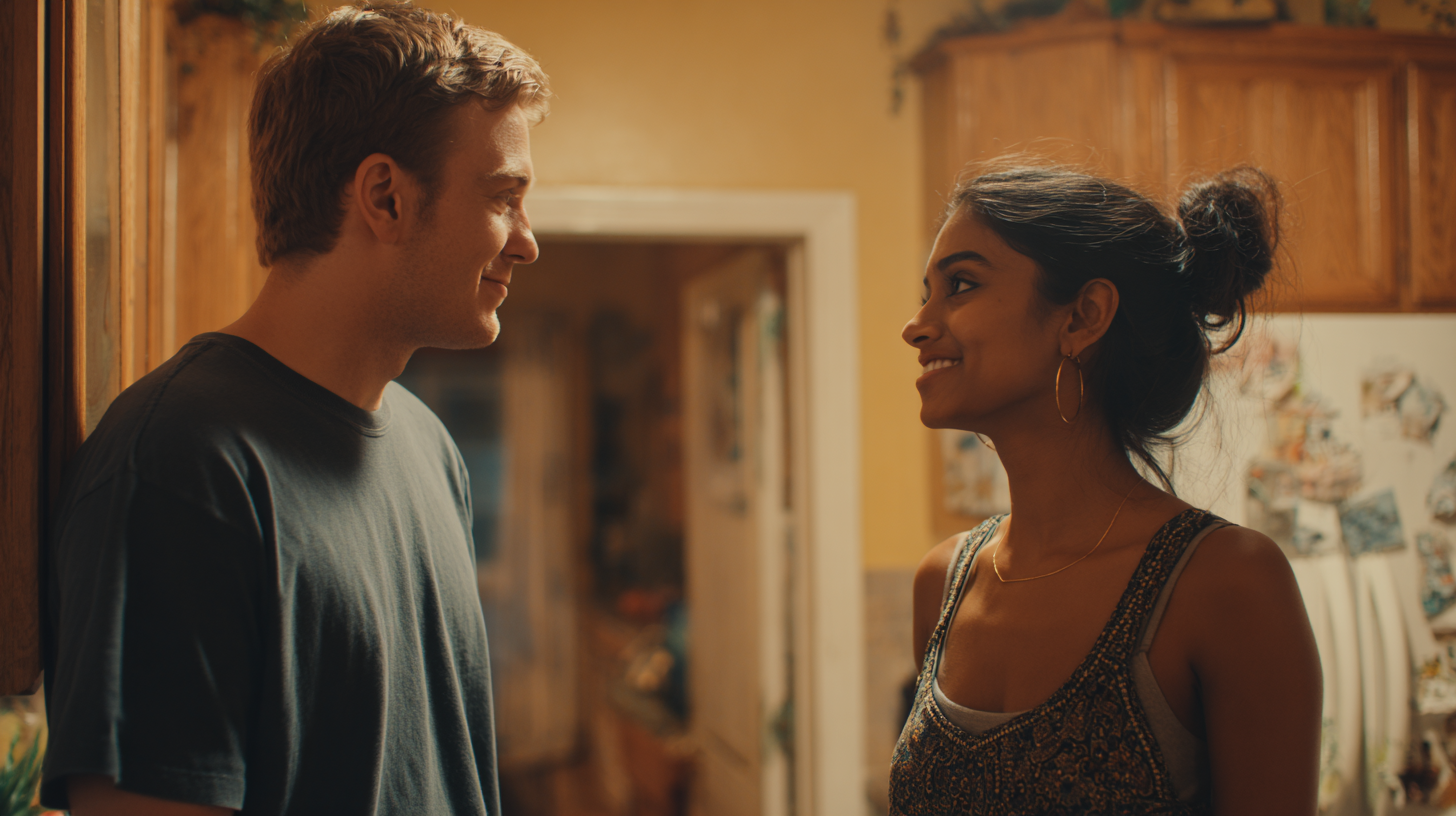 A young couple standing in their house and smiling at eachother.