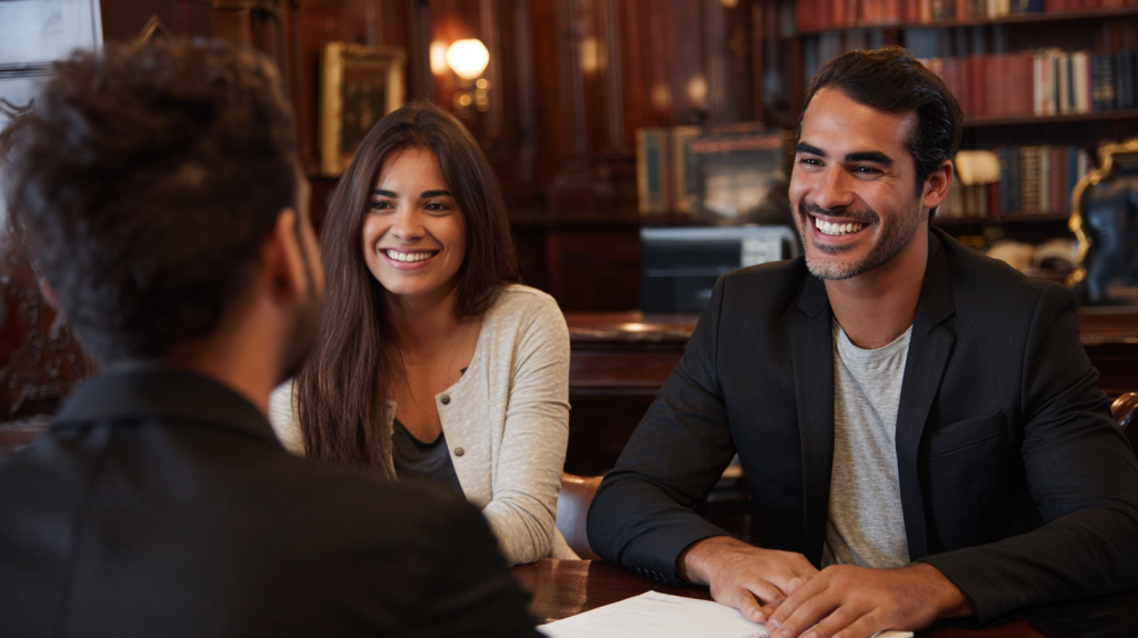 A husband and wife meeting with their Immigration Lawyer in his office to discuss their Australian Partner Visa application.