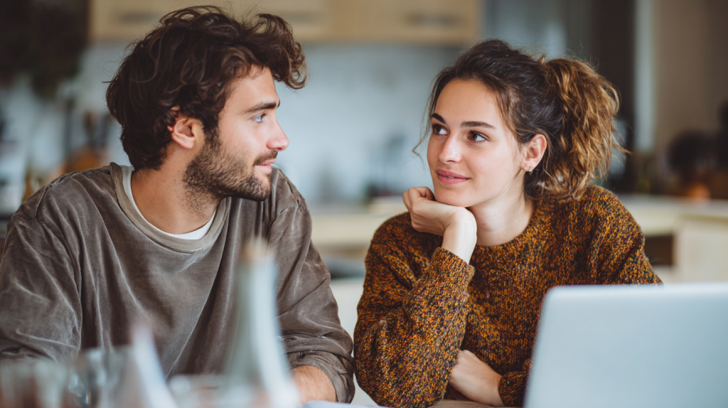 A young couple sitting at their dining table and working on a laptop waiting for their Australian Partner Visa to be approved.