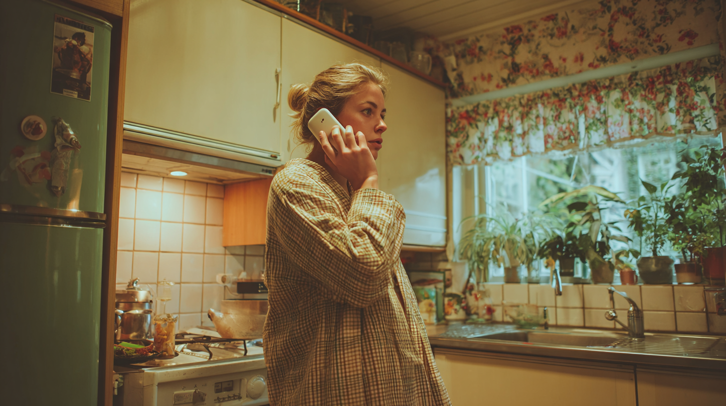 A woman standing in her kitchen and speaking on the phone to an Immigration Case Officer about her Partner Visa.