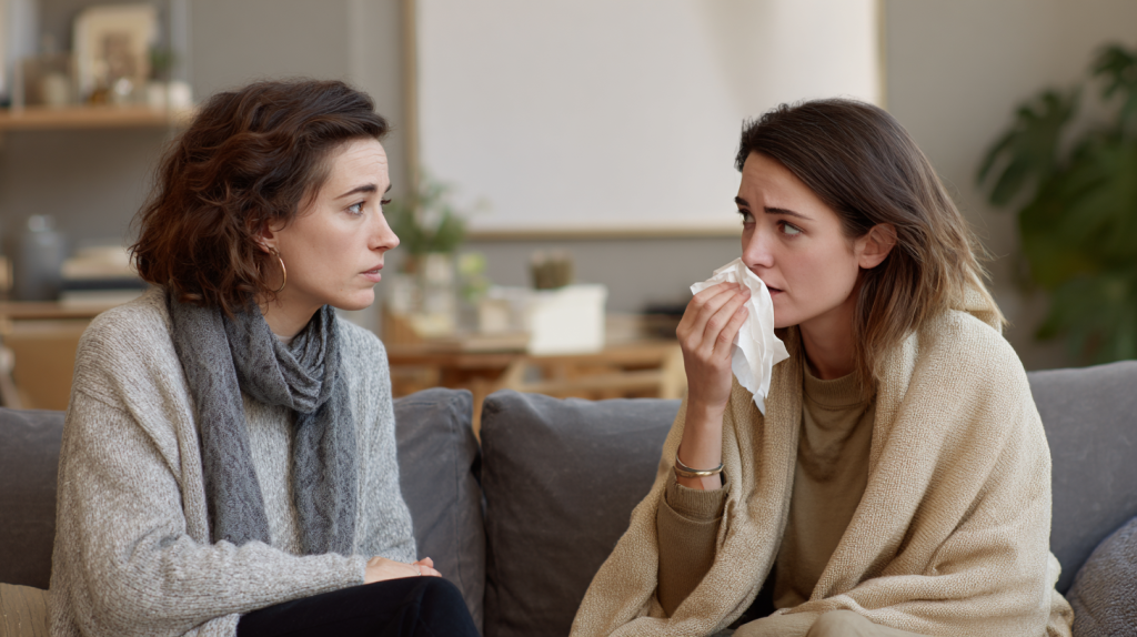 Two women sitting in a lounge room and discussing family violence and a Partner Visa.