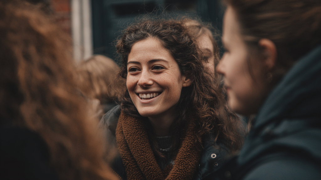 A woman talking to her friends and support group after sorting out her Partner Visa.