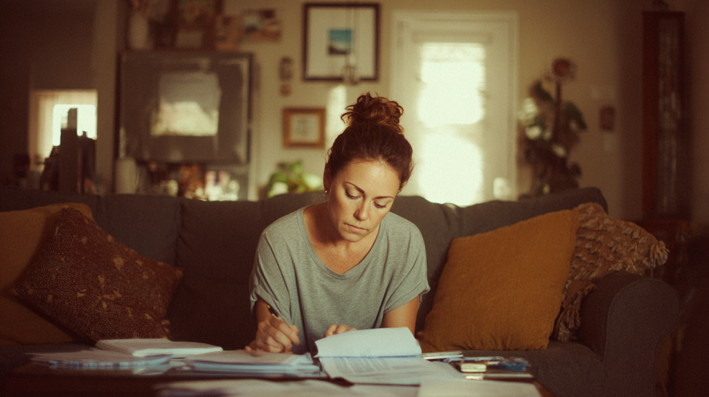 A woman sitting on her couch at home and working on a Visa application on her coffee table.