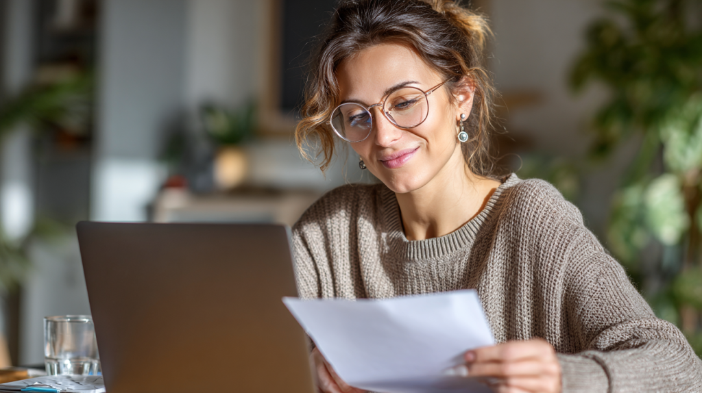 A woman sitting at her desk at home and preparing an application for her Visa now that her Partner Visa has expired.