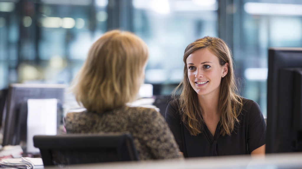 A woman speaking with her Immigration case officer about options she has for her Partner Visa.