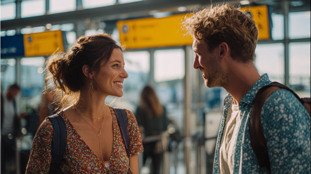 A couple standing in Sydney airport and smiling at eachother after successfully arriving on a Partner Visa.