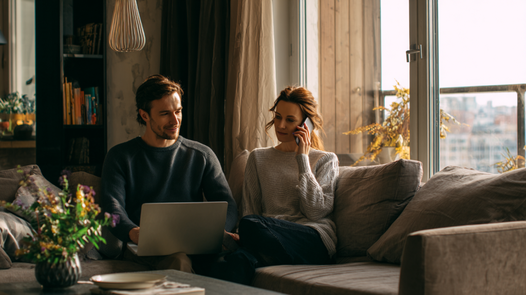 A couple sitting on their couch in their apartment and working on their Australian Partner Visa application.