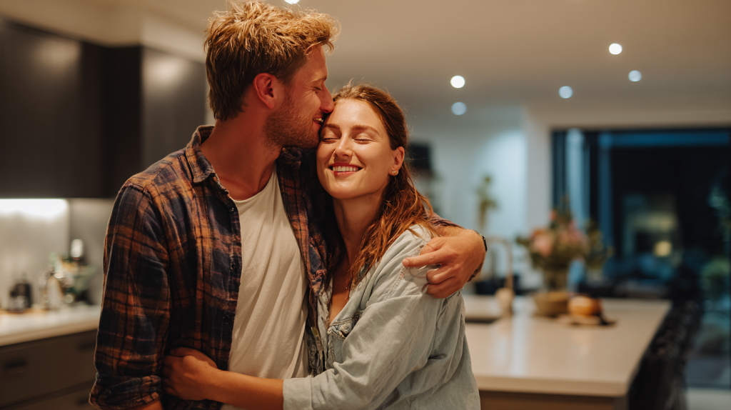 A couple celebrating successful approval of their Australian Partner Visa and embracing in their kitchen.