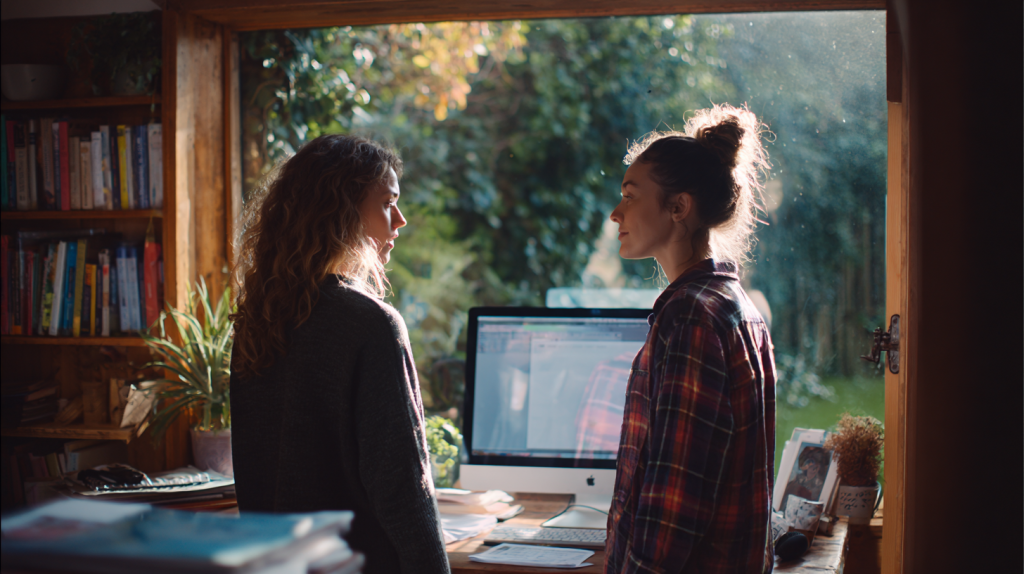 Two women who are a couple discussing their documentation for an Australian partner visa application.