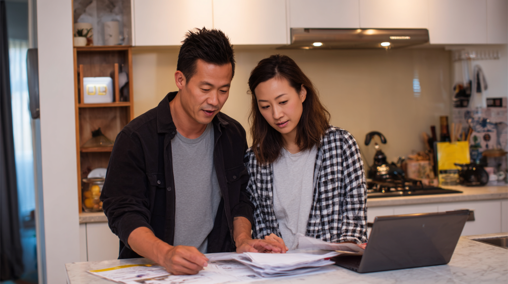 A couple working on their paperwork for their Australian partner visa application.