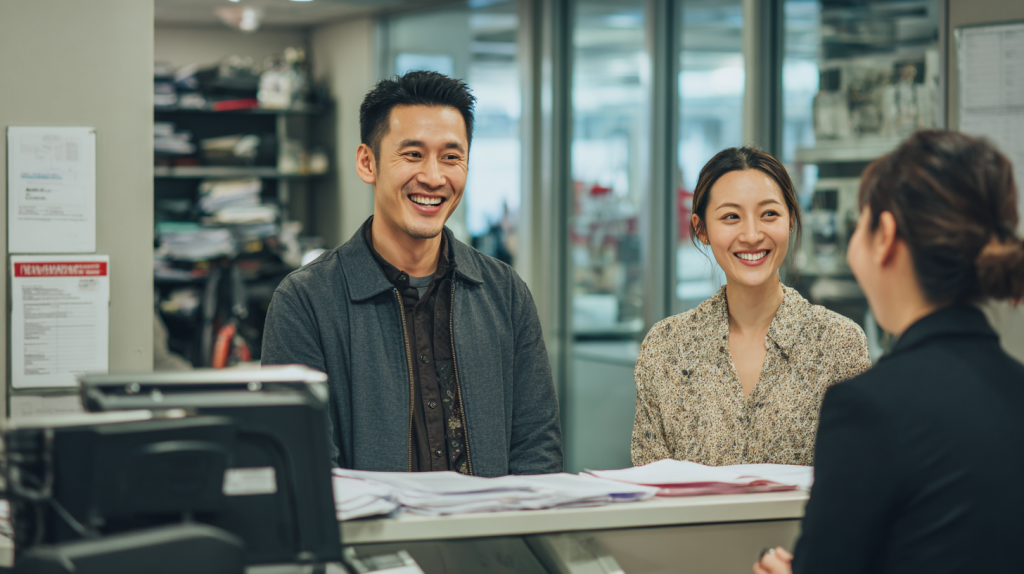 A couple applying for their partner visa at an immigration office in Australia.