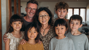 A family of different ages standing in their house in Australia.