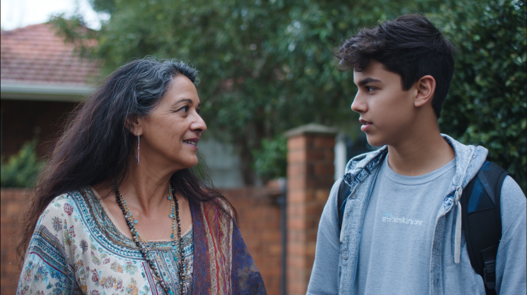 A mother talking to her adult child
