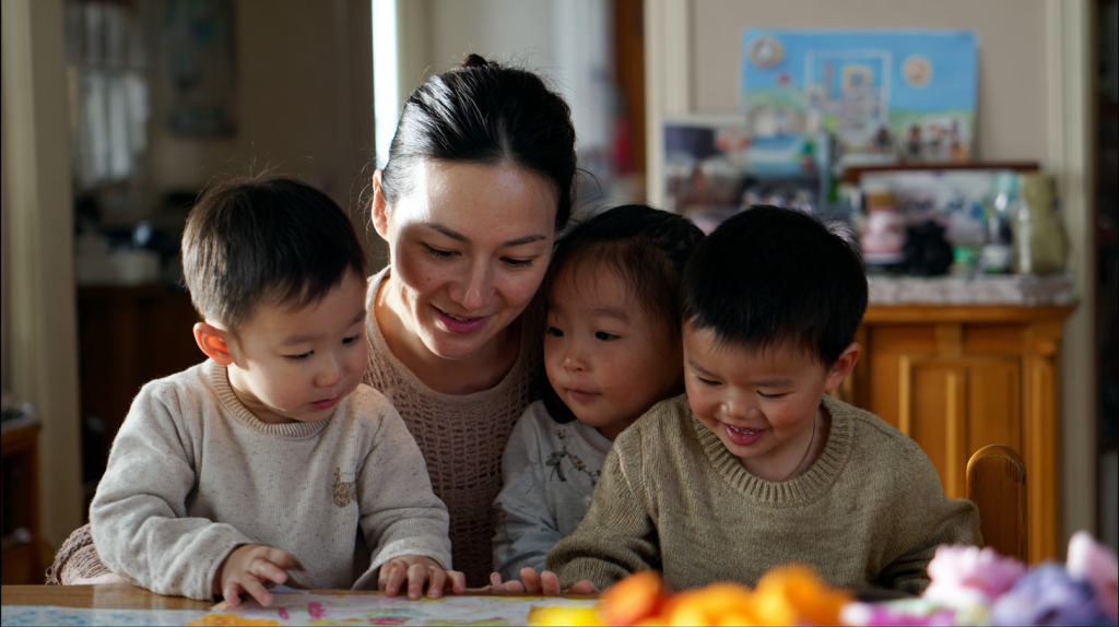 A mother playing with her three children in her house.