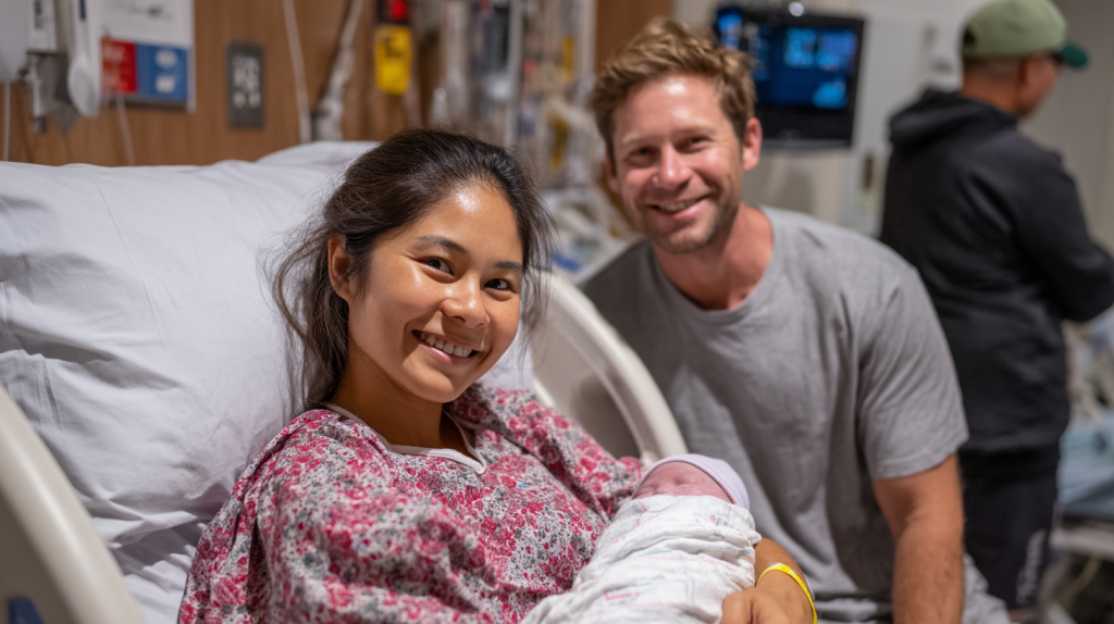 A mother holding her newborn baby in a hospital bed with her husband sitting next to her.