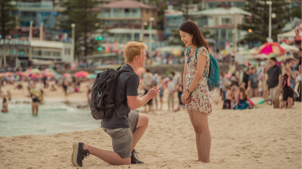 An Australian proposing to his partner on a beach in Sydney.