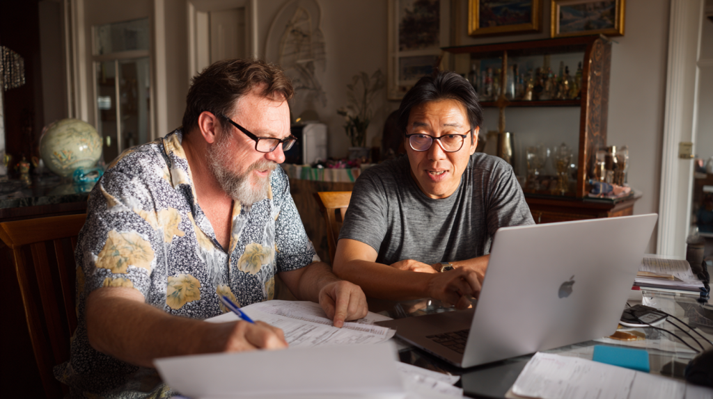 A same-sex married couple working on their Partner Visa application paperwork.