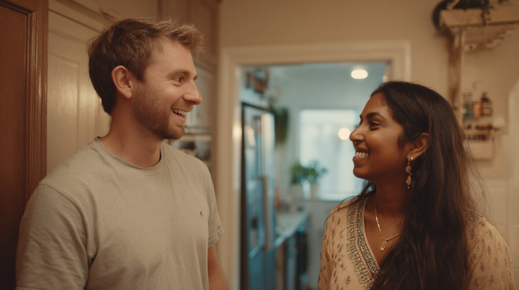 An Australian couple talking and smiling in their house in Melbourne.