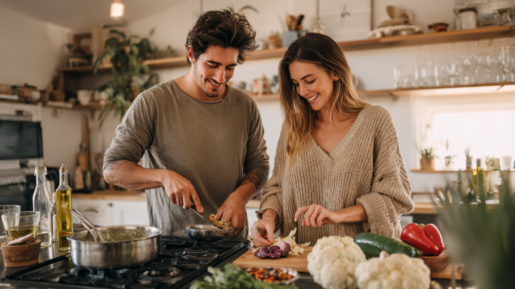 A couple in a de facto relationship living together and cooking in their home. 