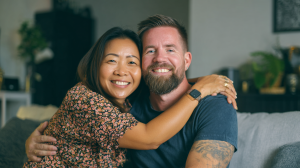 A couple sitting on their couch in their home in Australia and embracing.
