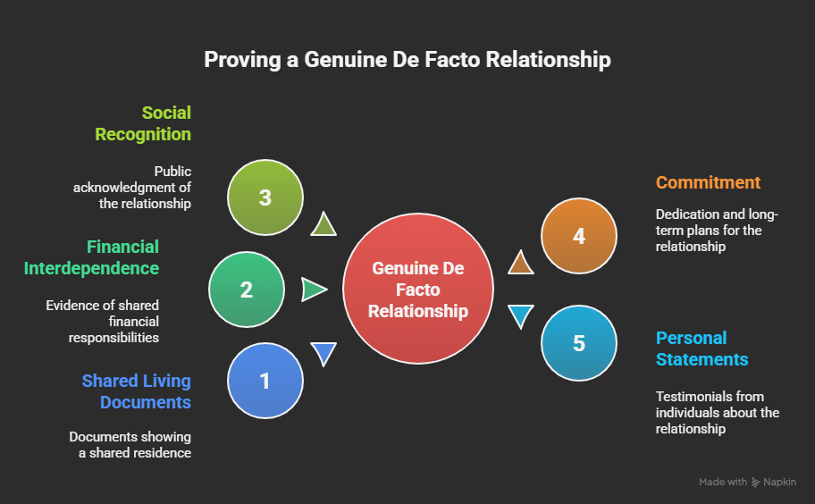 An infographic showing types of evidence for genuine de facto relationships.