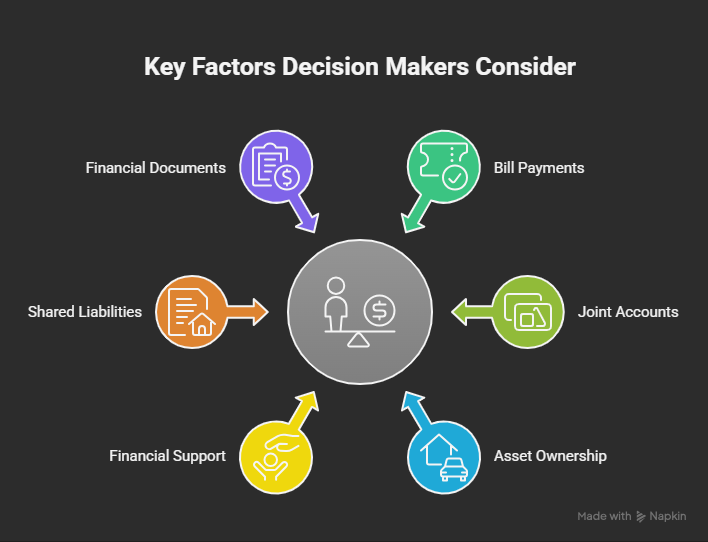 An infographic showing the key factors immigration decision makers consider when assessing shared finances for a Partner Visa.