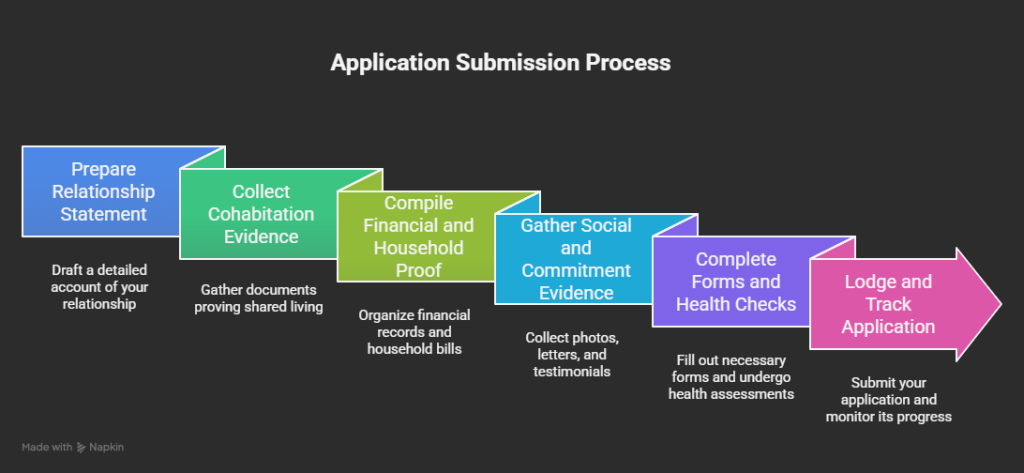 An infographic showing the steps required to submit your application to prove de facto relationship.