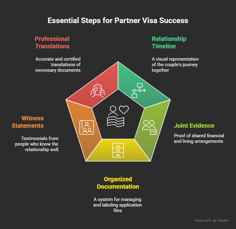 An infographic showing tips to help with a successful Partner Visa application.