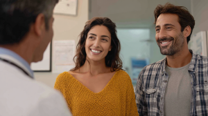 A couple talking to a doctor in his medical clinic.
