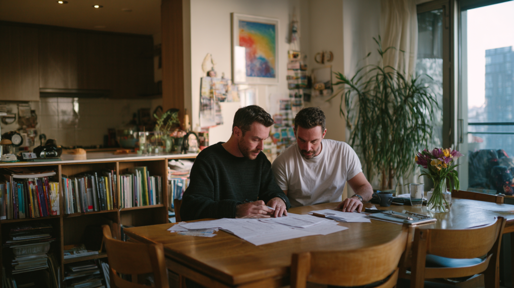 A couple working at their dining room table compiling medical and character information for their visa application.