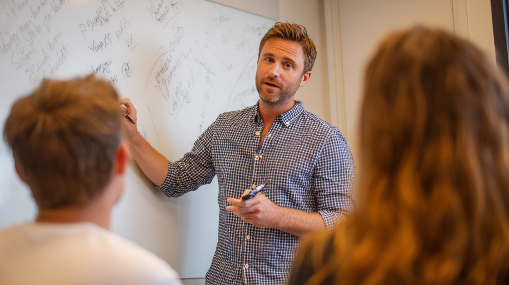 A migration agent explaining the Australian Partner Visa process to his clients.