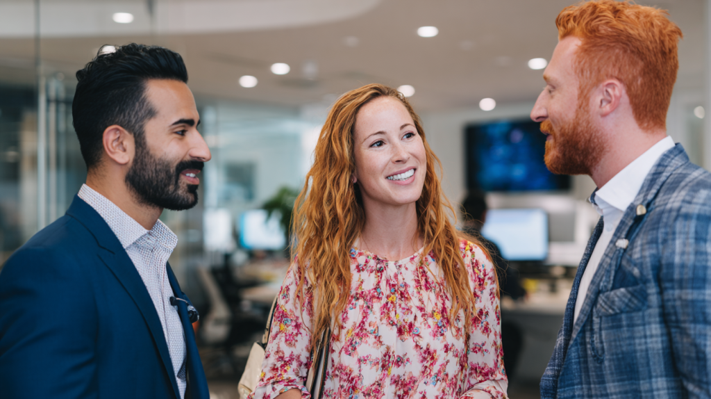 A young couple meeting with their Migration Agent in an office in Australia.