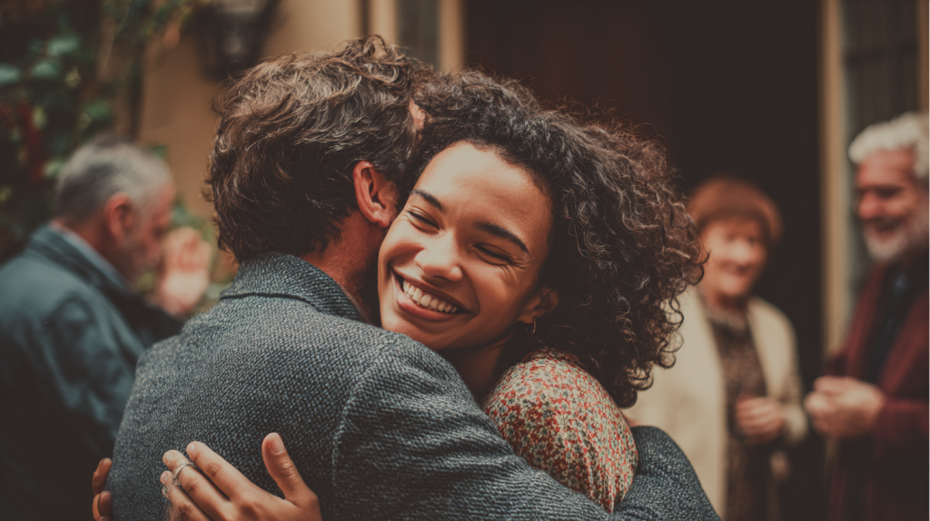 A couple embracing and celebrating the success of their partner visa application.