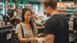 A couple at a store paying for their food together.