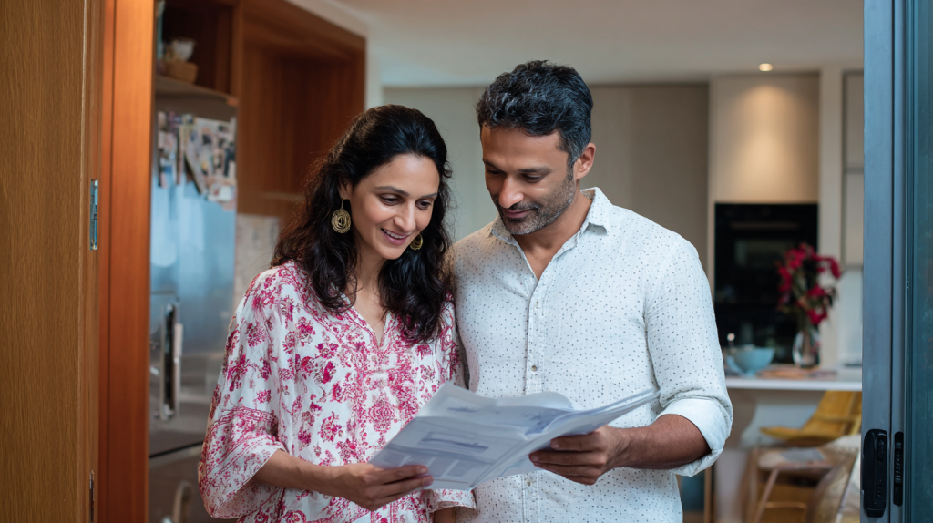 A couple discussing their joint finances paperwork for their Australian Visa application.